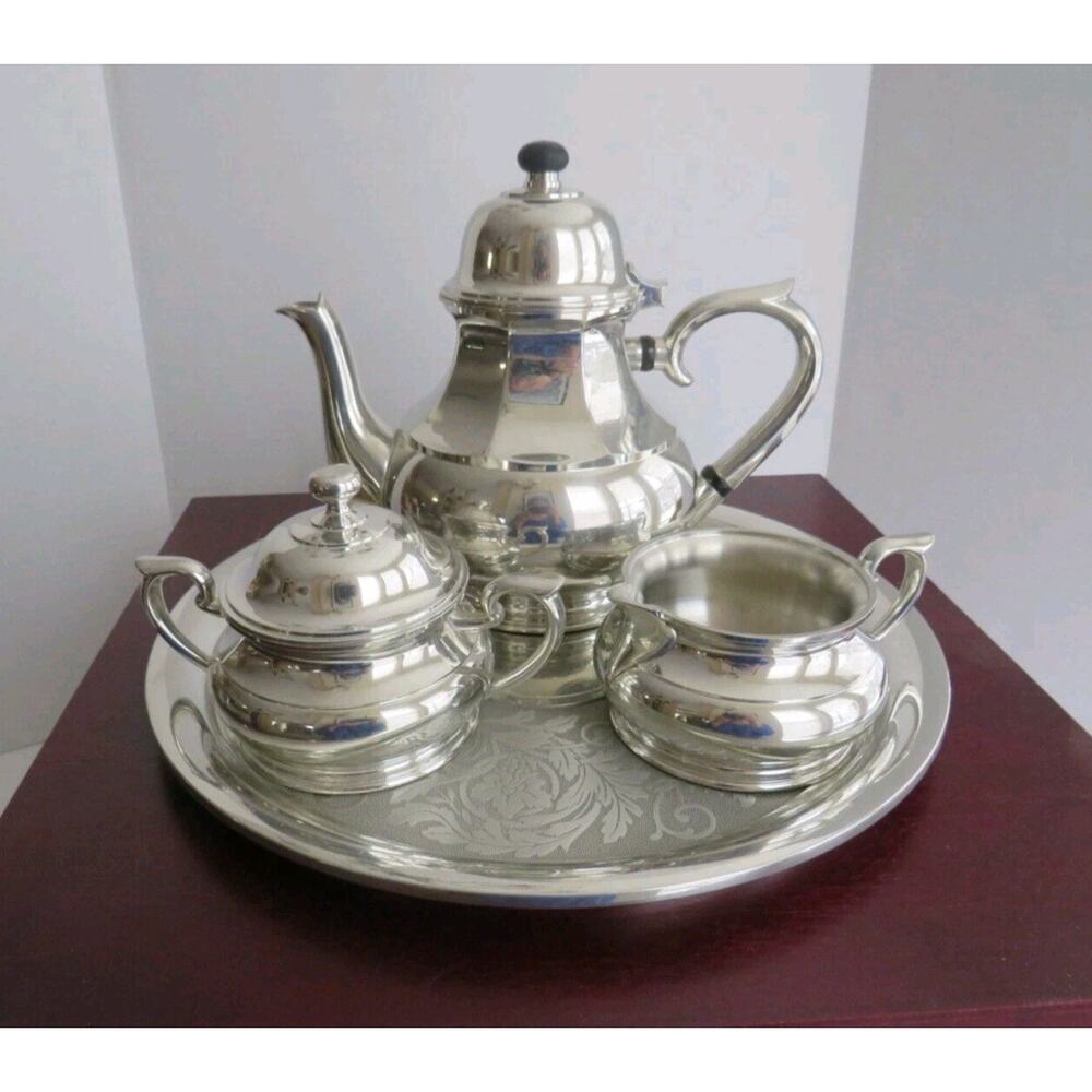 Royal Selangor Pewter Tea Set w Tray Teapot Sugar Creamer Boxed Malaysia Vintage